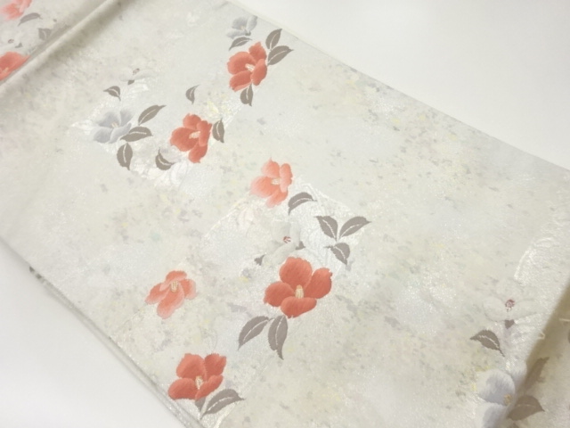 引箔横段に椿模様織出し名古屋帯